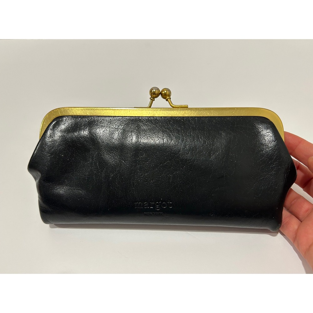 Margot New York Black Leather Kiss Lock Clutch Wallet Vintage Style